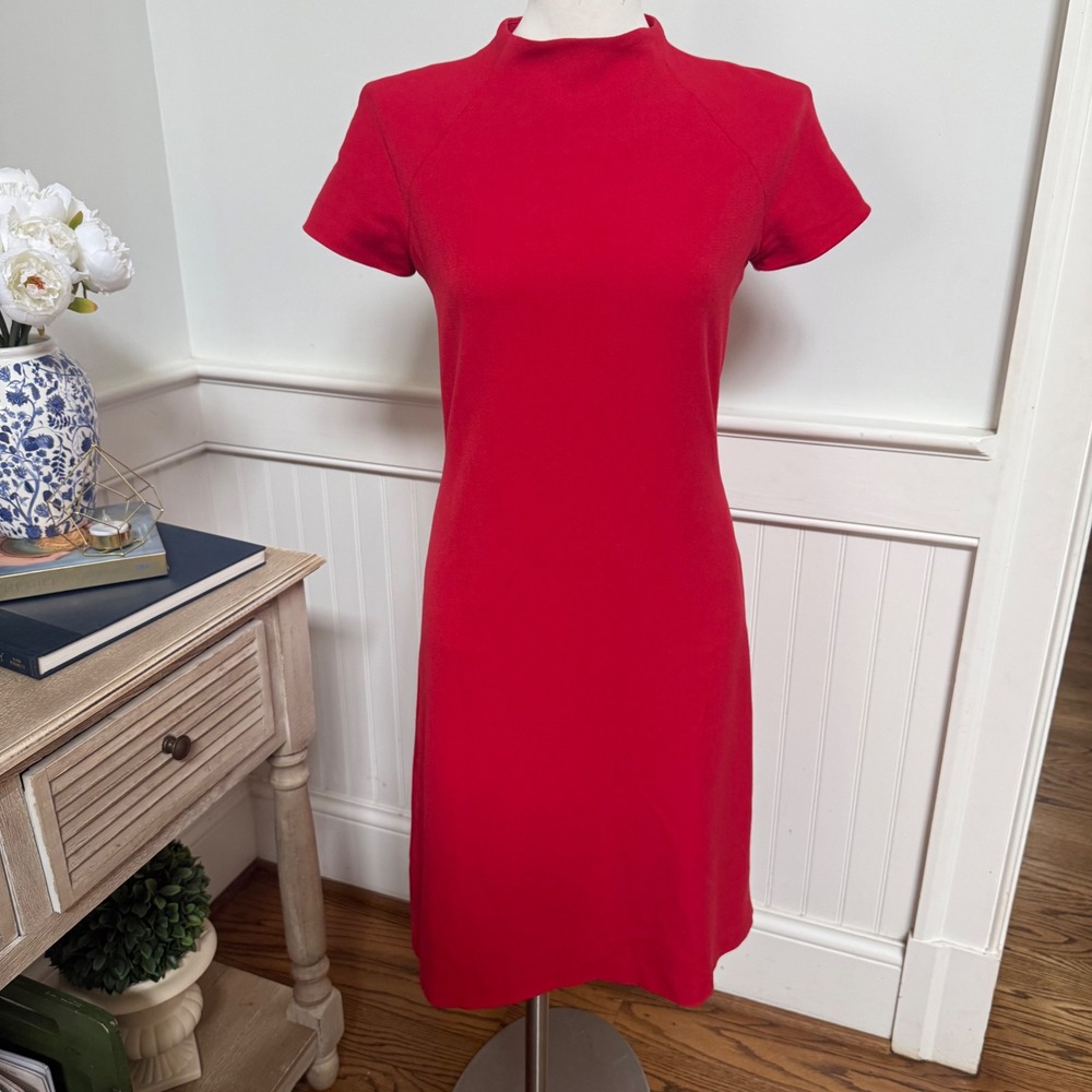 VTG Neiman Marcus Exclusive‎ Red Mock Neck Sheath Dress Elegant Textured Crepe